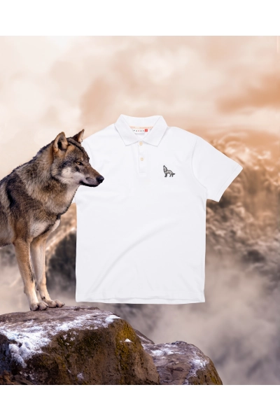 Koszulka Polo męska Basic z wilkiem szarym - biała